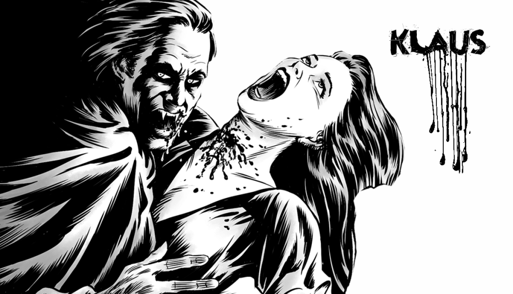 Black-and-white character illustration of Klaus from The Brooding Muse Universe. A dominant military leader gripping a victim, representing his role as the revered commander of the 4080 within The Path.