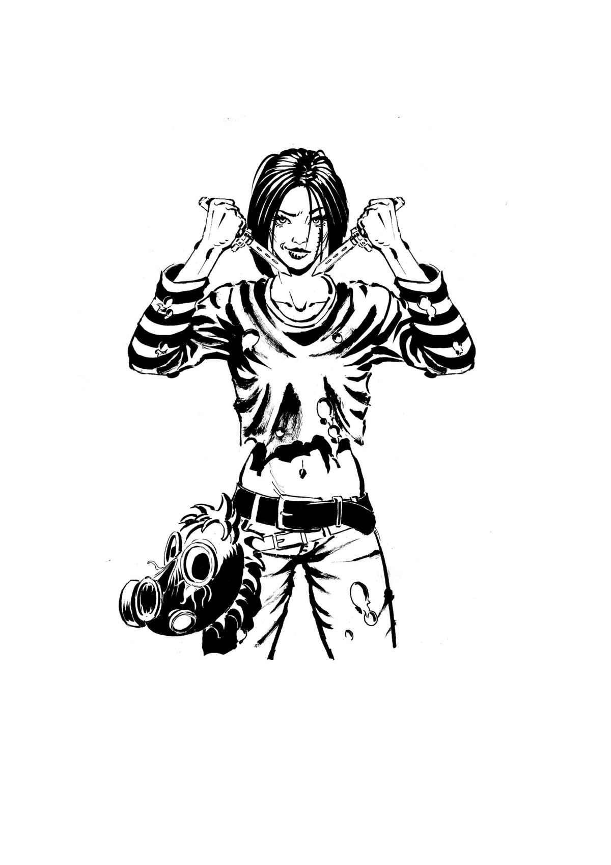 Black-and-white character illustration of Blade from The Brooding Muse Universe. She grips dual knives with a gas mask hanging from her belt, wearing distressed tactical clothing. Active operative of The Fix aligned with The Country Club shock team operating in the Marrow Wastelands.