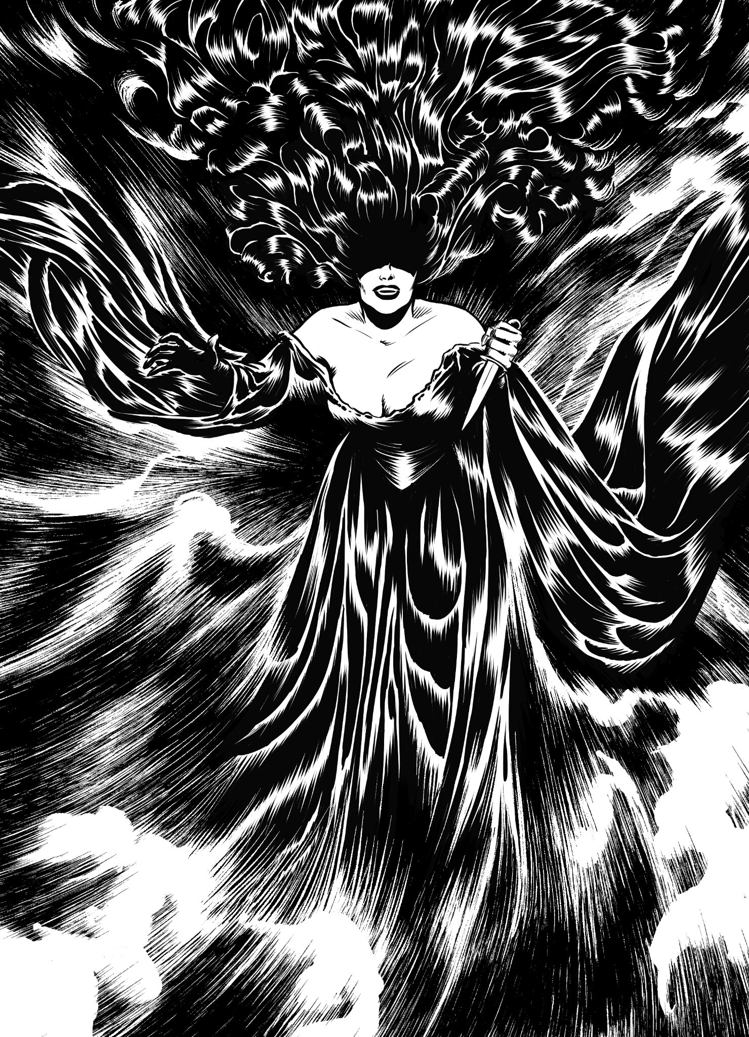 Black-and-white illustration of The Brooding Muse from The Brooding Muse Universe. A towering, mythic female figure with expansive flowing hair and commanding presence, holding a blade within The Path