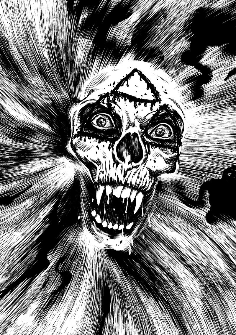 Black-and-white illustration of The Third Eye from The Brooding Muse Universe. A skull-like god figure marked with a triangular eye symbol, radiating manic intensity within a dark ritual space.