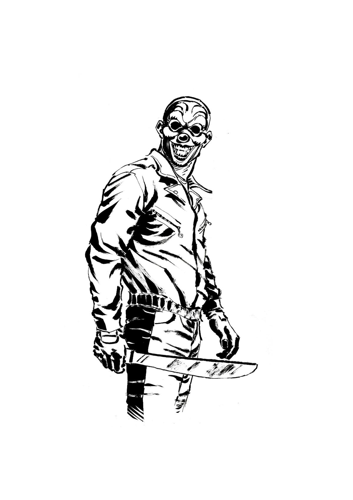 Black-and-white character illustration of Invisakill from The Brooding Muse Universe. A masked enforcer holding a machete, member of The Country Club shock team operating in the Marrow Wastelands.