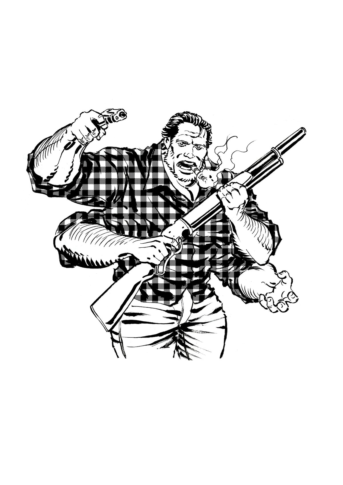 Black-and-white character illustration of Checkers from The Brooding Muse Universe. A muscular four-armed brute wielding a lever-action shotgun and sidearm. Member of The Country Club shock team operating in the Marrow Wastelands