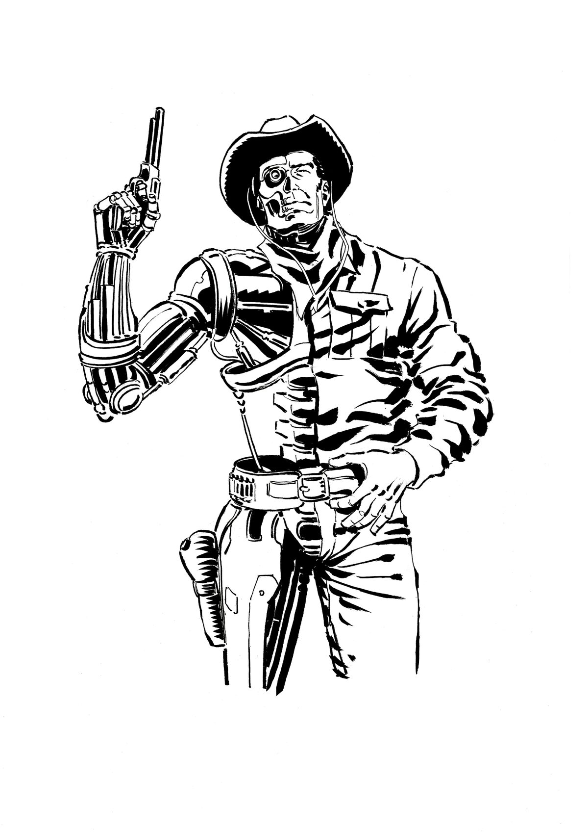 Black-and-white character illustration of Splitter from The Brooding Muse Universe. A half-human, half-android gunslinger wearing a western cowboy hat, with a mechanical arm holding a pistol. Leader of The Country Club shock team operating in the Marrow Wastelands.