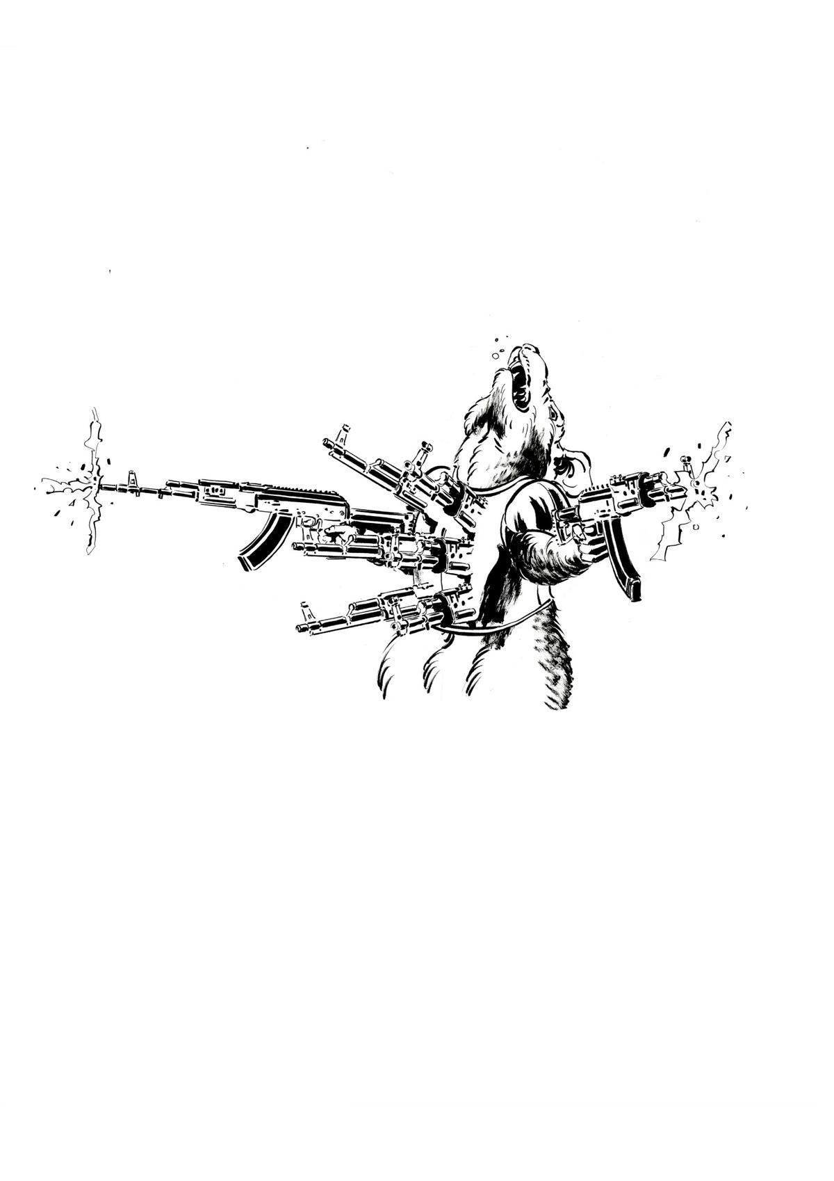 Black-and-white character illustration of Ratter from The Brooding Muse Universe. A manic heavy weapons specialist with multiple mounted machine guns integrated into mechanical chest armor. Member of The Country Club shock team operating in the Marrow Wastelands.