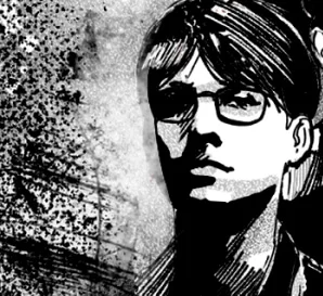 Damien looking through a telescope over Sun City as the meteor shower begins to behave abnormally above the city skyline.