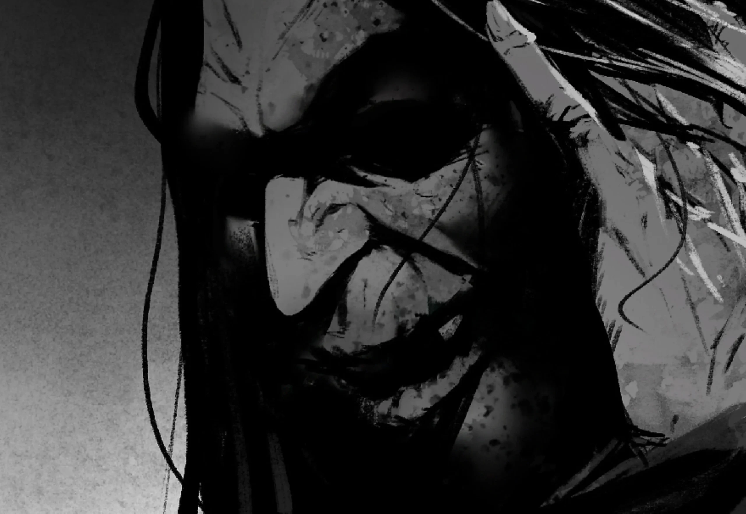 Jack Hyde emerging from darkness in the Marrow Wastelands, humanoid yet unstable, with the eerie presence of a classified assassin who leaves no trace behind.