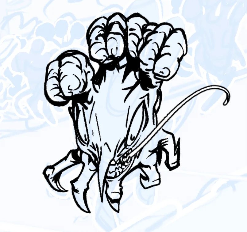 A swarm of Peg creatures in the Marrow Wastelands, wild and grotesque, with exposed brain stems and underside feeding mouths as they multiply under gunfire.