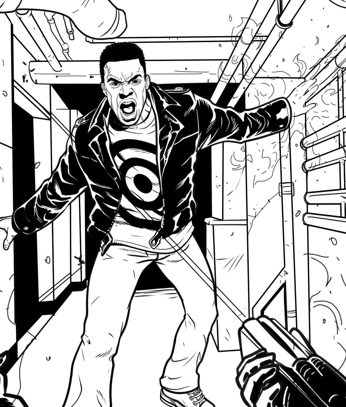 Adam standing near the meteor impact site in Sun City, athletic and steady as he helps lead a rescue effort in the aftermath of the falling meteor.