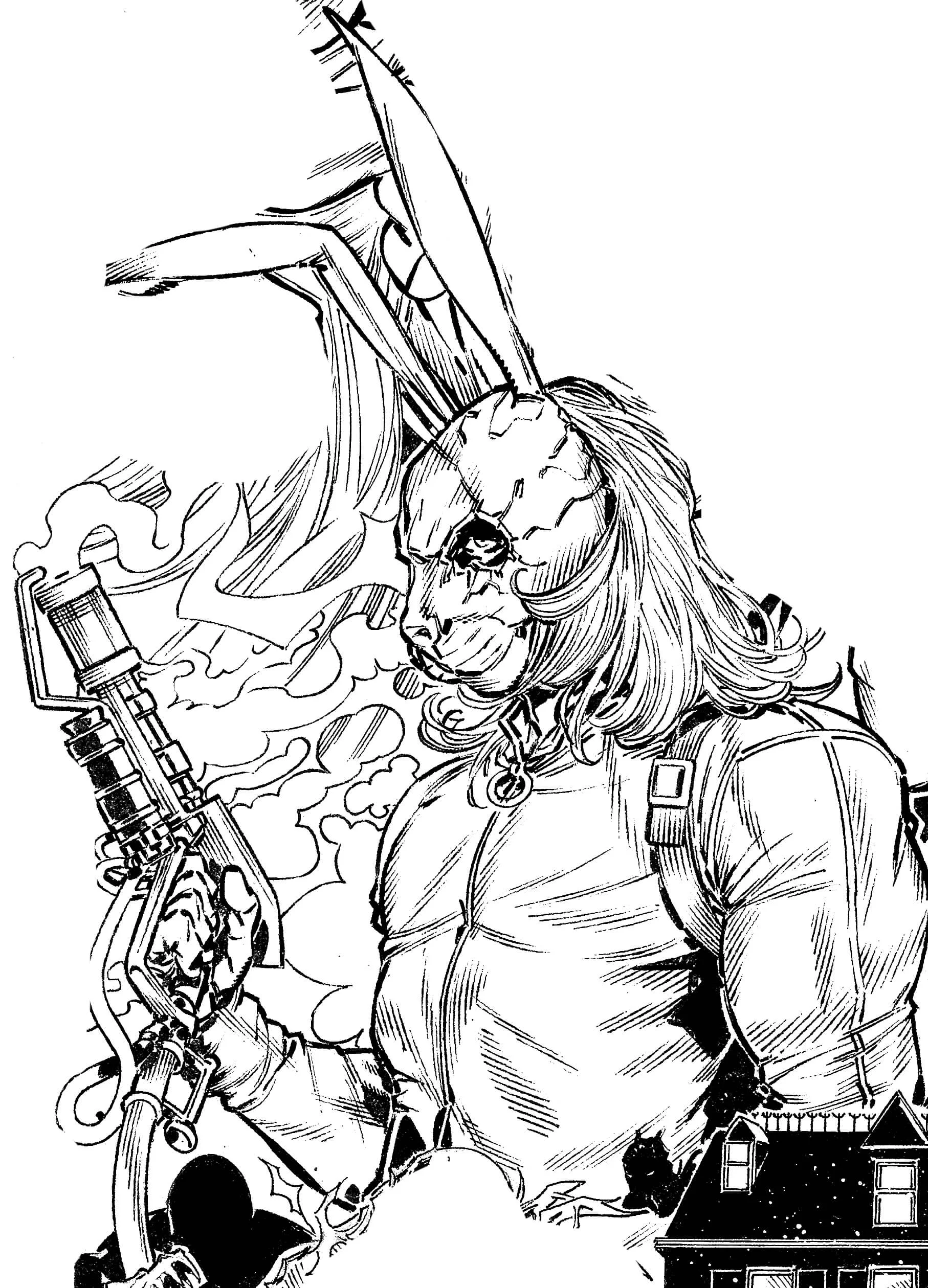 Blaze charging through the Marrow Wastelands with a flamethrower, manic and firelit, while a molten skull weapon bursts outward from his chest.