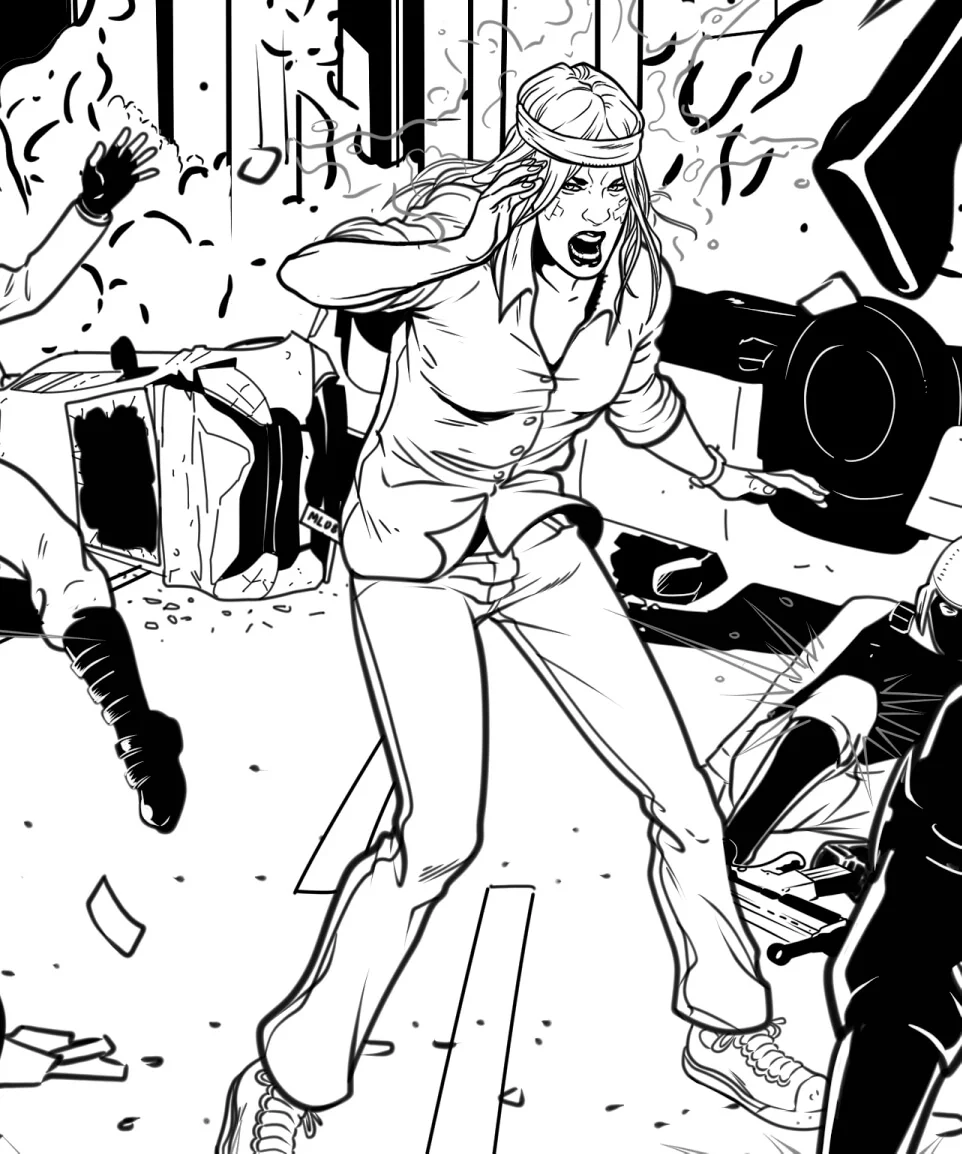 Charlie emerging from the rubble of the Sun City meteor strike, injured but alive, surrounded by the friends who pulled her from the impact zone.