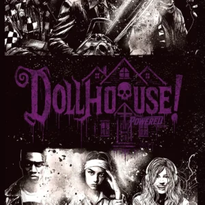 Dollhouse! and The Powered Book One cover art, black and white horror graphic novel from the Brooding Muse Universe