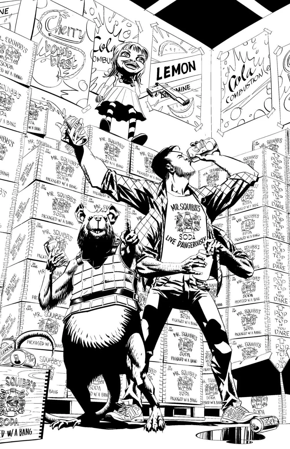 Man drinking Mr. Squibb Soda beside stacked soda crates and a cartoon monkey mascot, promoting the explosive wasteland drink brand in the Brooding Muse Universe.