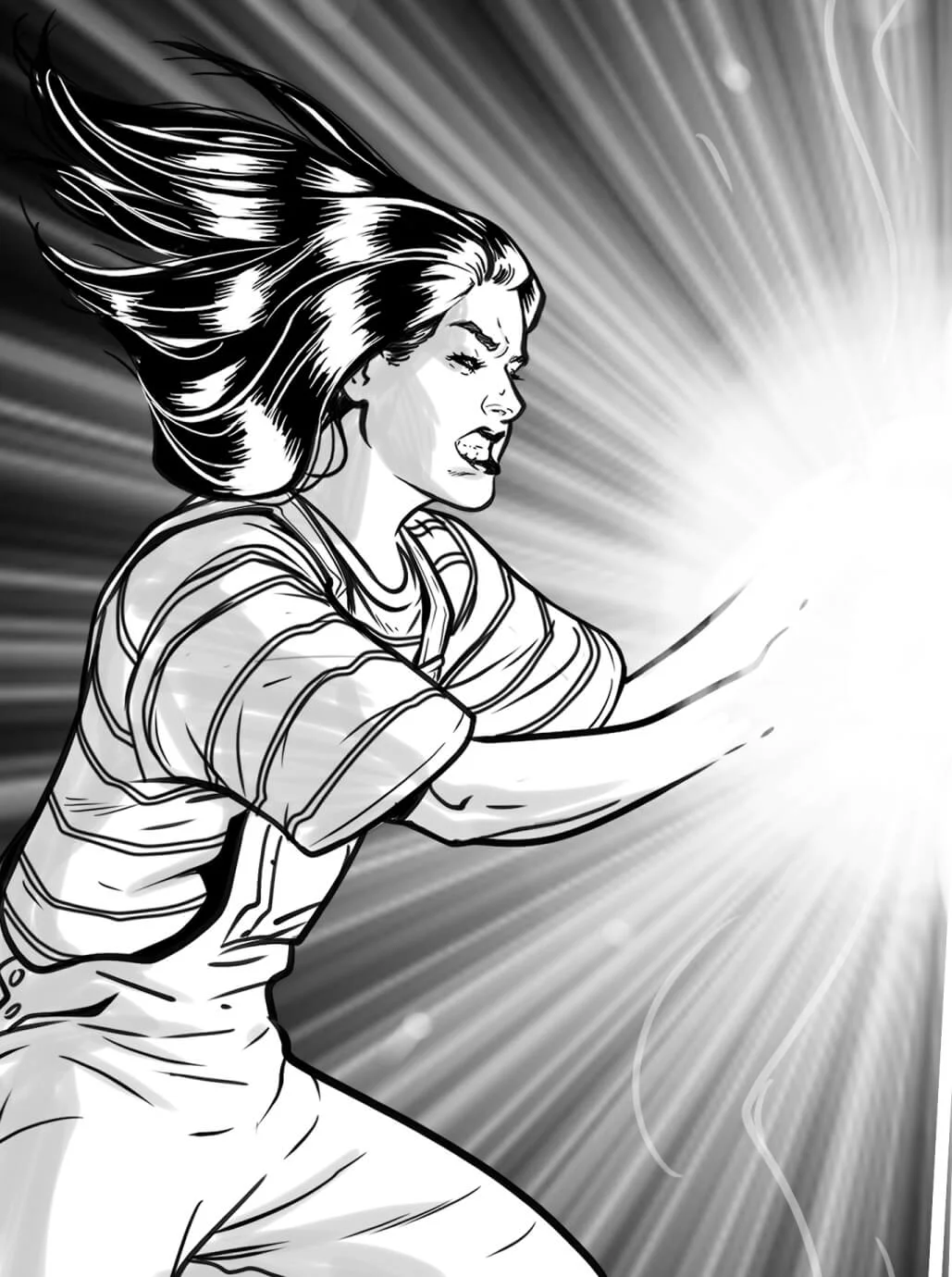 Tara standing beside her friends in Sun City after the meteor blast, calm and strong as she helps keep the group together during the emergency.