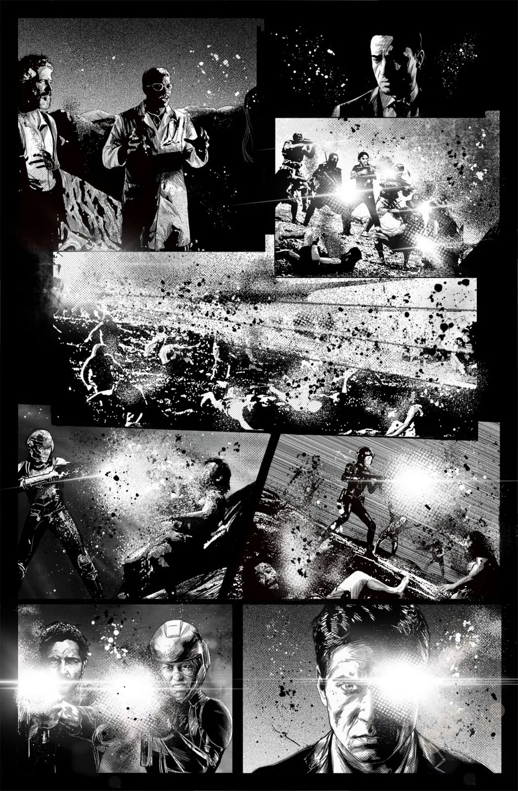 Dollhouse! and The Powered graphic novel battle sequence with futuristic soldiers and energy weapons